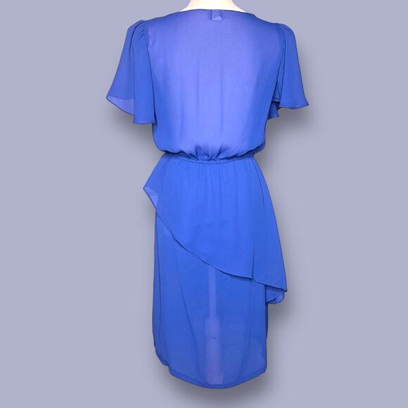 Vintage 70s Sheena Size XS Blue Sheer Chiffon Dress Ruffle Peplum Disco Career - Picture 2 of 12